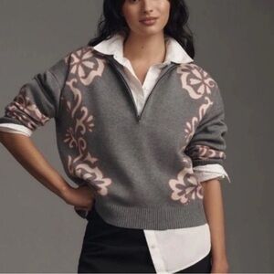 NWOT ANTHROPOLOGIE The Montana Mock-Neck Half-Zip SWEATER GRAY FLOURISH MOTIF L
